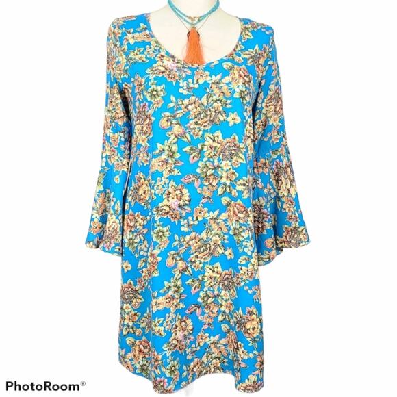 Voom by Joy Han Turquoise Boho Bell Sleeve Dress SZ M - Picture 1 of 4